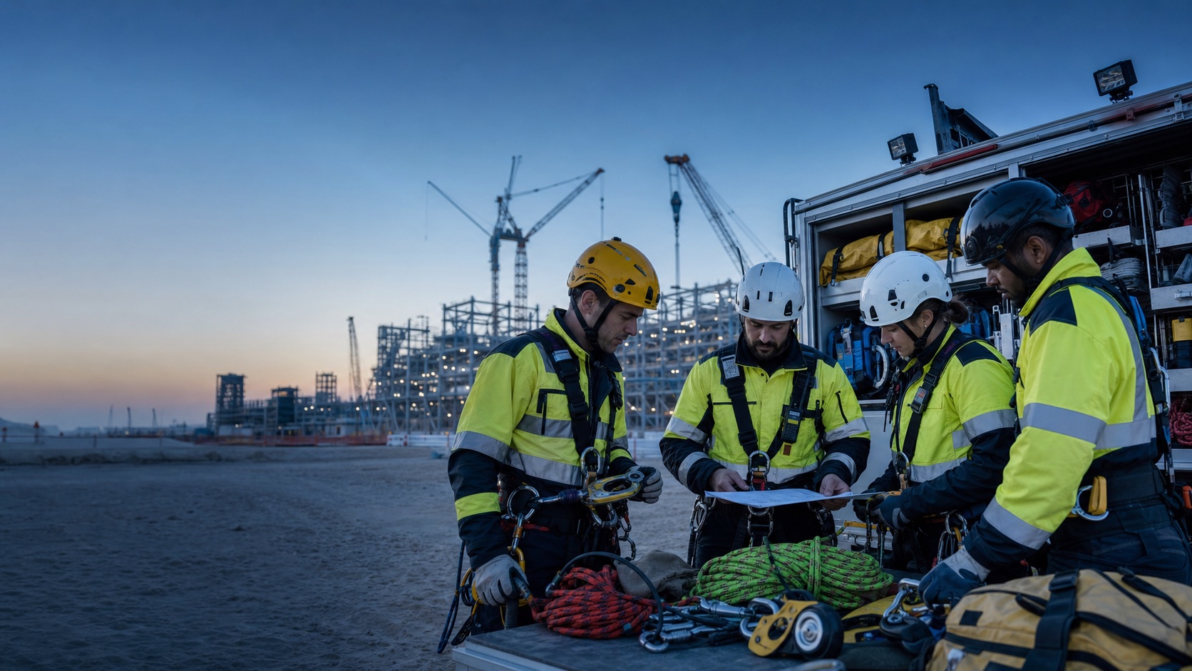 Specialist technical-rescue team preparing equipment on a major project