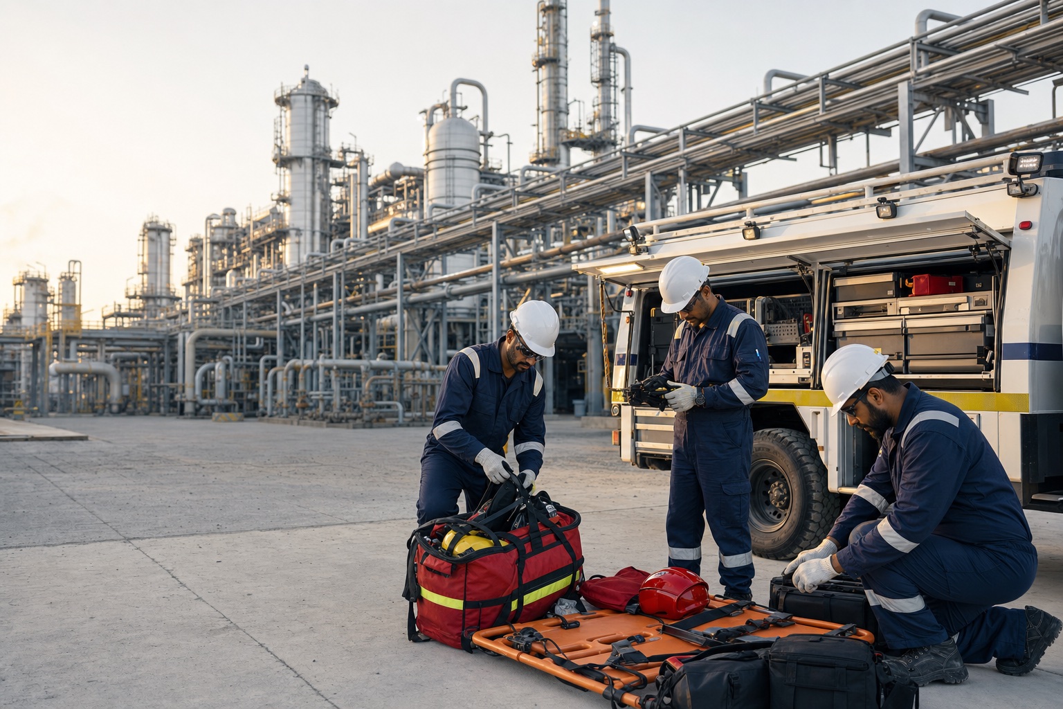 Refinery columns, storage tanks and pipe racks at a petrochemical facility